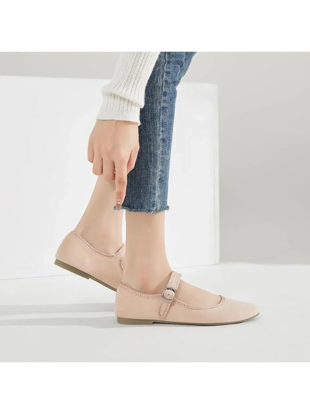 Women's Nude Mary Jane with Strap Faux Suede Black Flats Shoes Comfortable